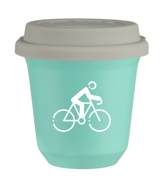 Tasse 150 ml TURQUOISE "Cyclisme 3 (blanc)", avec couvercle blanc Tasse 150 ml TURQUOISE "Cyclisme 3 (blanc)", avec couvercle blanc