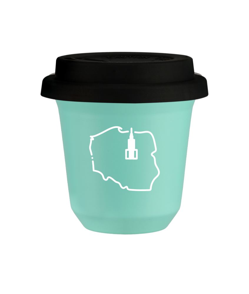 Tasse 150 ml TURQUOISE "Pologne (blanc)", avec couvercle noir