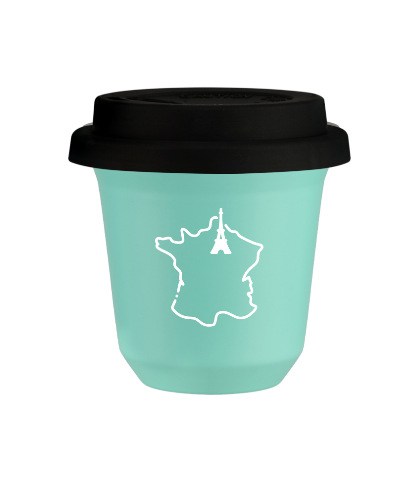 Tasse 150 ml TURQUOISE "France (blanc)", avec couvercle noir