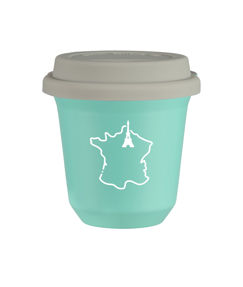 Tasse 150 ml TURQUOISE "France (blanc)", avec couvercle blanc