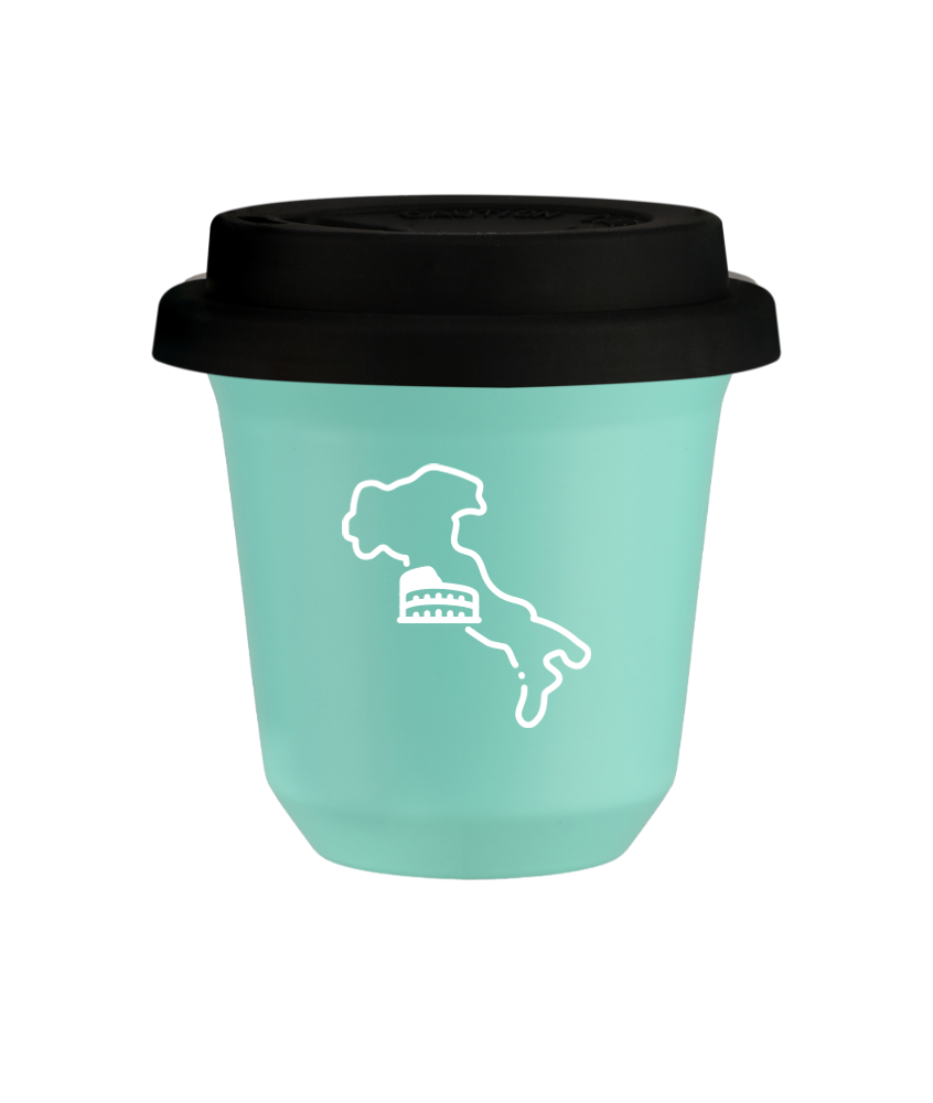 Tasse 150 ml TURQUOISE "Italie (blanc)", avec couvercle noir