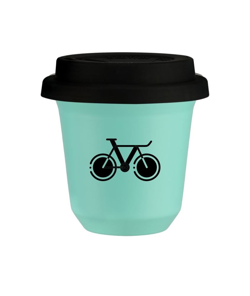 Tasse 150 ml TURQUOISE "Vélo 1 (noir)", avec couvercle noir
