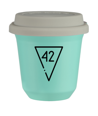 Tasse 150 ml TURQUOISE "42 (noir)", avec couvercle blanc Tasse 150 ml TURQUOISE "42 (noir)", avec couvercle blanc