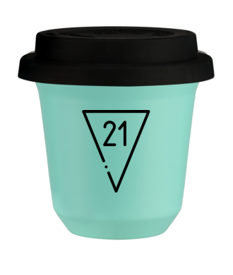 Tasse 150 ml TURQUOISE "21", avec couvercle noir Tasse 150 ml TURQUOISE "21", avec couvercle noir