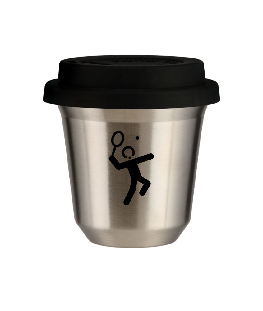 Tasse 150 ml ARGENT "Tennis 2", avec couvercle noir