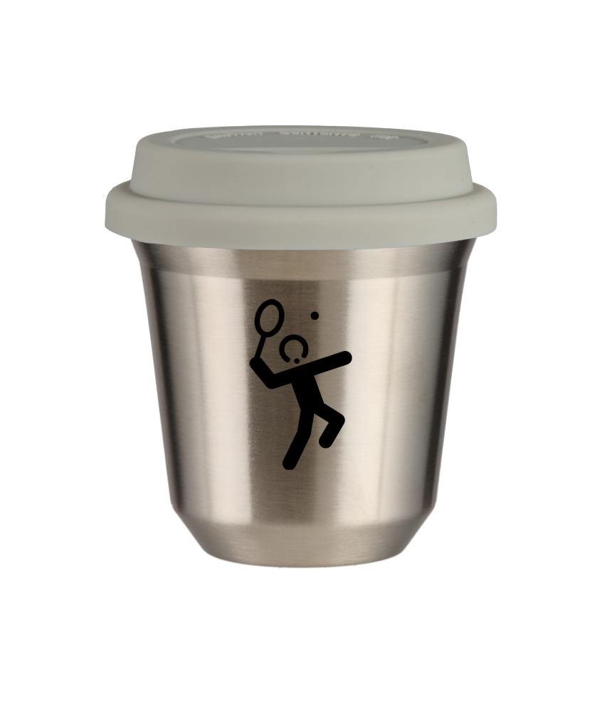 Tasse 150 ml ARGENT "Tennis 2 (noir)", avec couvercle blanc