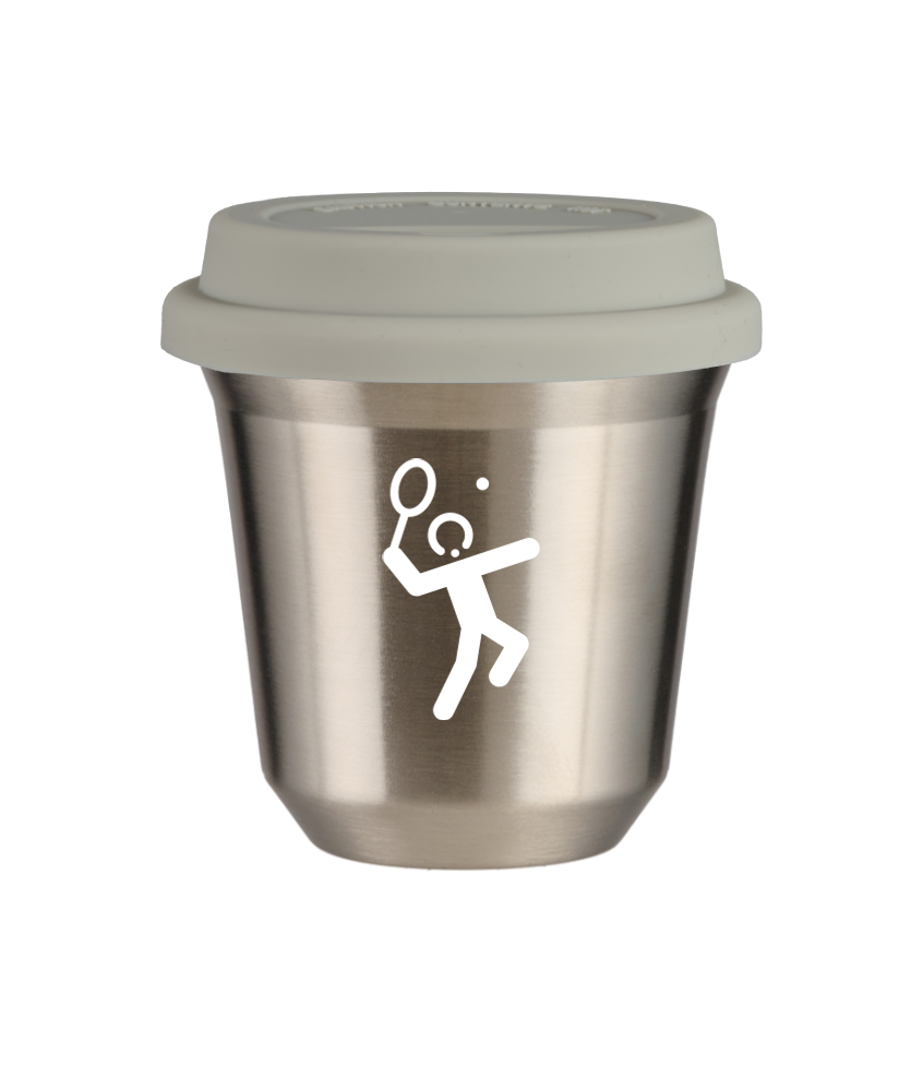 Tasse 150 ml ARGENT "Tennis 2 (blanc)", avec couvercle blanc