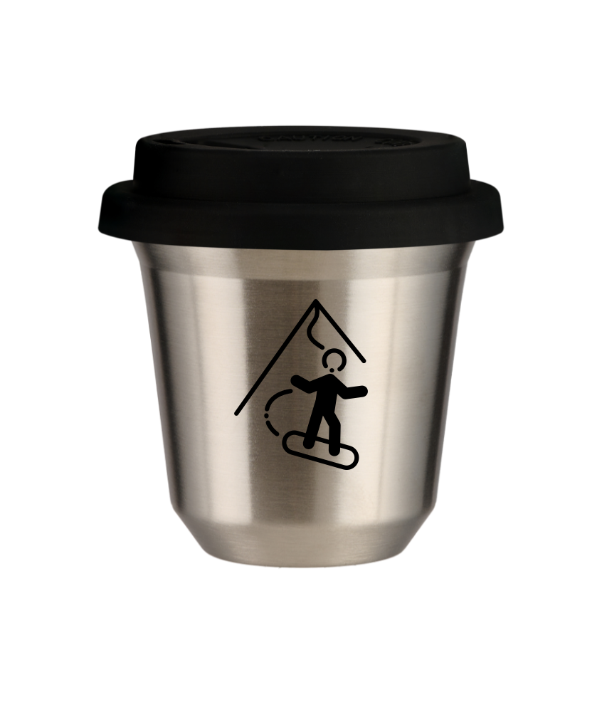 Tasse 150 ml ARGENT "Snowboard", avec couvercle noir