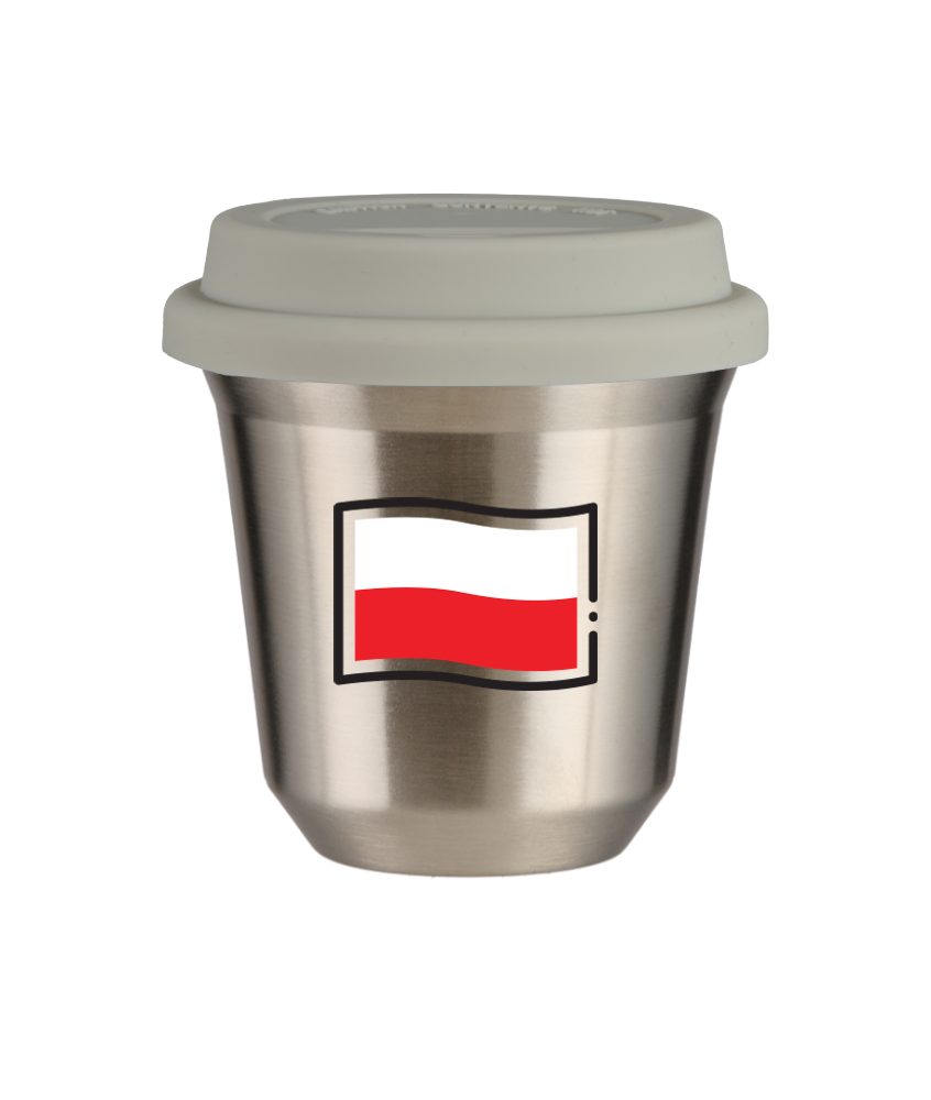 Tasse 150 ml ARGENT "Drapeau polonais", avec couvercle blanc