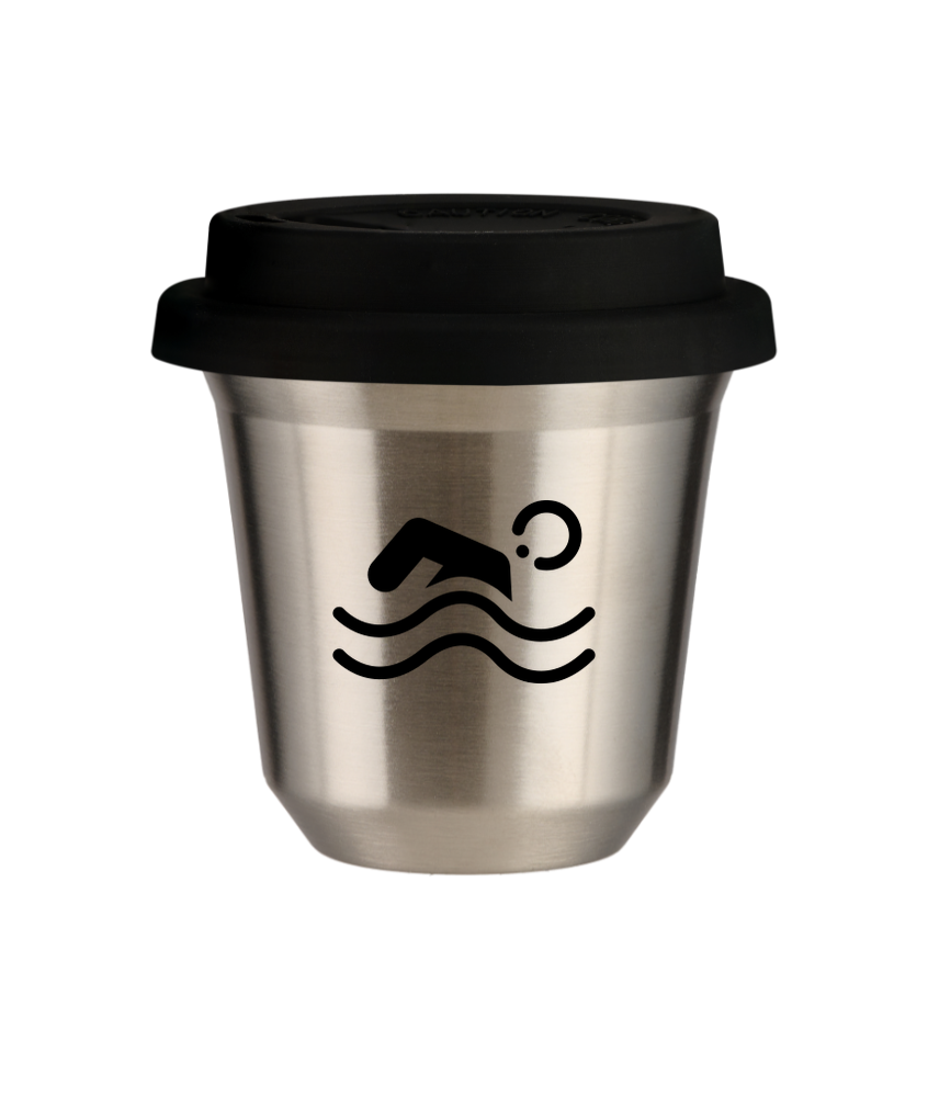Tasse 150 ml ARGENT "Natation (noir)", avec couvercle noir