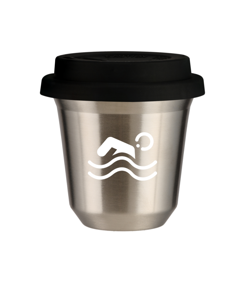 Tasse 150 ml ARGENT "Natation (blanc)", avec couvercle noir