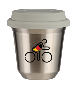 Tasse 150 ml ARGENT "Cycliste aux couleurs allemandes", avec couvercle blanc Tasse 150 ml ARGENT "Cycliste aux couleurs allemandes", avec couvercle blanc