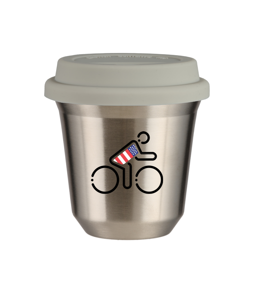 Tasse 150 ml ARGENT "Cycliste aux couleurs britanniques (noir)", avec couvercle blanc