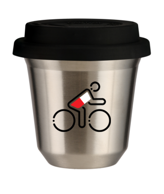 Tasse 150 ml ARGENT "Cycliste aux couleurs polonaises", avec couvercle noir Tasse 150 ml ARGENT "Cycliste aux couleurs polonaises", avec couvercle noir