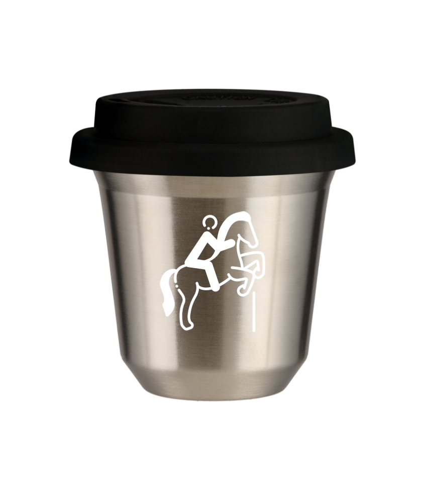 Tasse 150 ml ARGENT "Équitation 1 (blanc)", avec couvercle noir