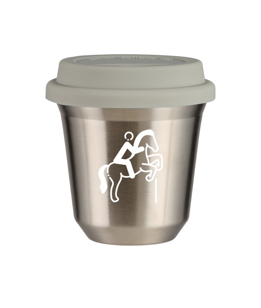 Tasse 150 ml ARGENT "Équitation 1 (blanc)", avec couvercle blanc