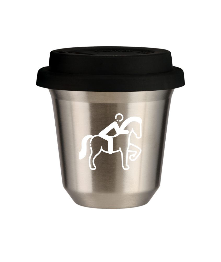 Tasse 150 ml ARGENT "Équitation 2 (blanc)", avec couvercle noir