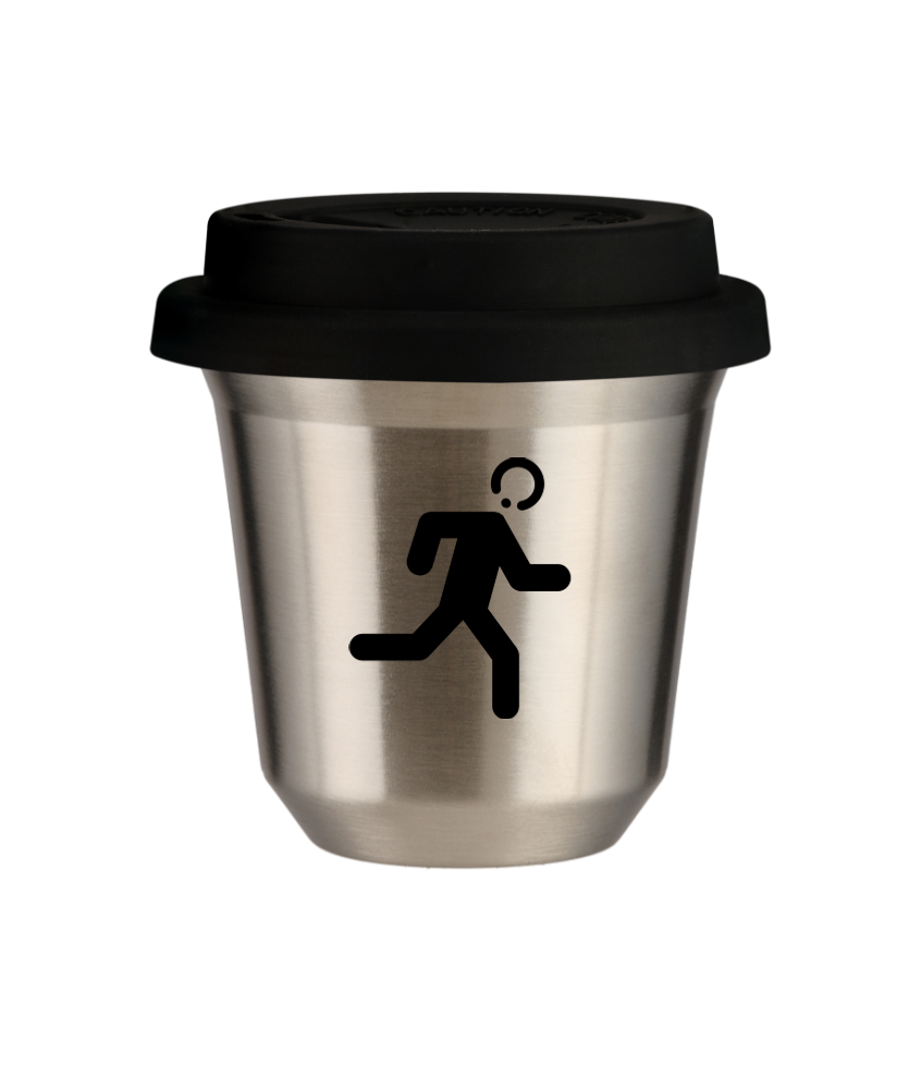 Tasse 150 ml ARGENT "Coureur (noir)", avec couvercle noir