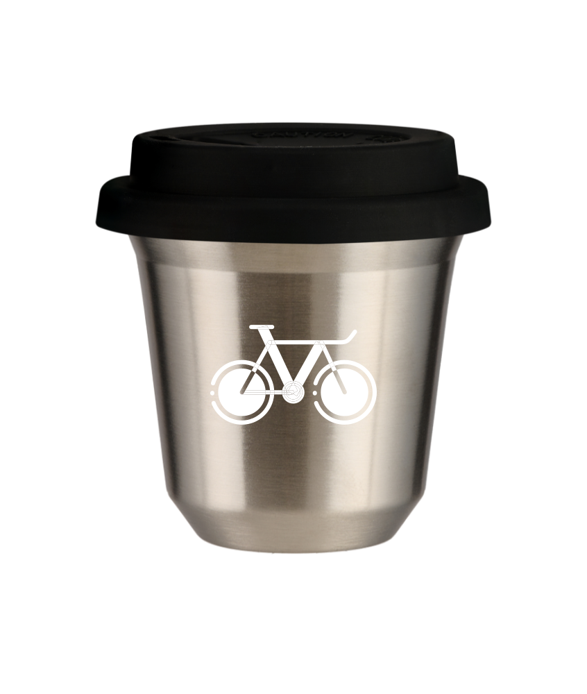 Tasse 150 ml ARGENT "Vélo 1 (blanc)", avec couvercle noir