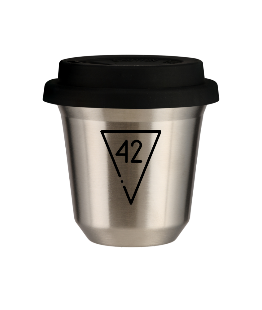 Tasse 150 ml ARGENT "42", avec couvercle noir