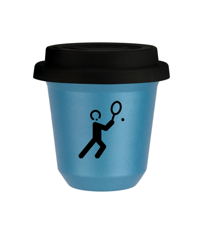 Tasse 150 ml BLEU CLAIR MÉTALLIQUE "Tennis 1", avec couvercle noir