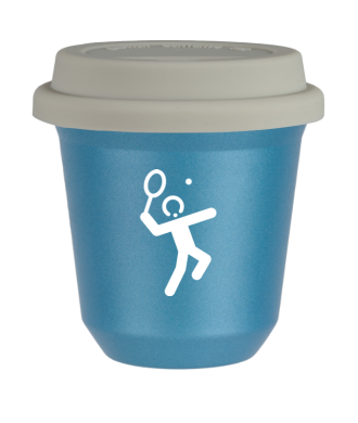 Tasse 150 ml BLEU CLAIR MÉTALLIQUE "Tennis 2 (blanc)", avec couvercle blanc Tasse 150 ml BLEU CLAIR MÉTALLIQUE "Tennis 2 (blanc)", avec couvercle blanc
