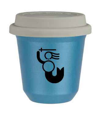 Tasse 150 ml BLEU CLAIR MÉTALLIQUE "WARSZAWSKA SYRENKA (noir)", avec couvercle blanc Tasse 150 ml BLEU CLAIR MÉTALLIQUE "WARSZAWSKA SYRENKA (noir)", avec couvercle blanc