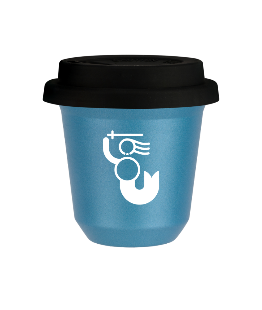 Tasse 150 ml BLEU CLAIR MÉTALLIQUE "WARSZAWSKA SYRENKA (blanc)", avec couvercle noir