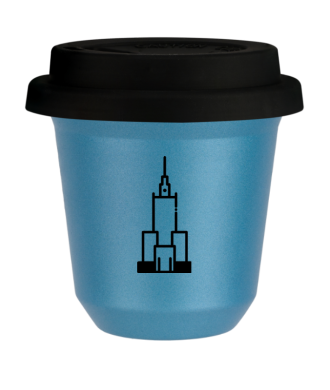 Tasse 150 ml BLEU CLAIR MÉTALLIQUE "Pałac kultury i nauki (noir)", avec couvercle noir Tasse 150 ml BLEU CLAIR MÉTALLIQUE "Pałac kultury i nauki (noir)", avec couvercle noir