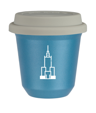 Tasse 150 ml BLEU CLAIR MÉTALLIQUE "Pałac kultury i nauki (blanc)", avec couvercle blanc Tasse 150 ml BLEU CLAIR MÉTALLIQUE "Pałac kultury i nauki (blanc)", avec couvercle blanc