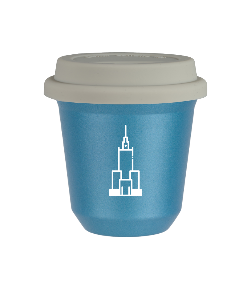 Tasse 150 ml BLEU CLAIR MÉTALLIQUE "Pałac kultury i nauki (blanc)", avec couvercle blanc
