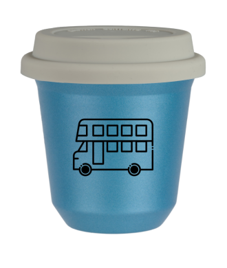 Tasse 150 ml BLEU CLAIR MÉTALLIQUE "Bus", avec couvercle blanc Tasse 150 ml BLEU CLAIR MÉTALLIQUE "Bus", avec couvercle blanc