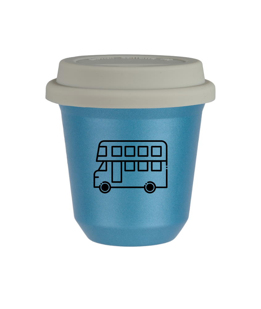 Tasse 150 ml BLEU CLAIR MÉTALLIQUE "Bus", avec couvercle blanc
