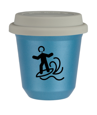 Tasse 150 ml BLEU CLAIR MÉTALLIQUE "Planche à voile", avec couvercle blanc Tasse 150 ml BLEU CLAIR MÉTALLIQUE "Planche à voile", avec couvercle blanc