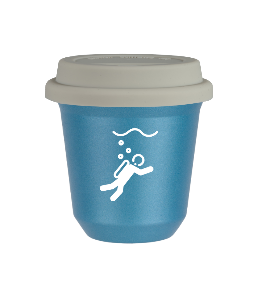 Tasse 150 ml BLEU CLAIR MÉTALLIQUE "Plongée (blanc)", avec couvercle blanc