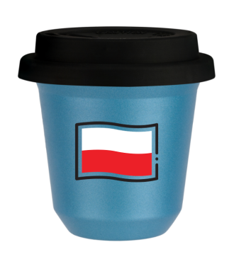Tasse 150 ml BLEU CLAIR MÉTALLIQUE "Drapeau polonais", avec couvercle noir Tasse 150 ml BLEU CLAIR MÉTALLIQUE "Drapeau polonais", avec couvercle noir
