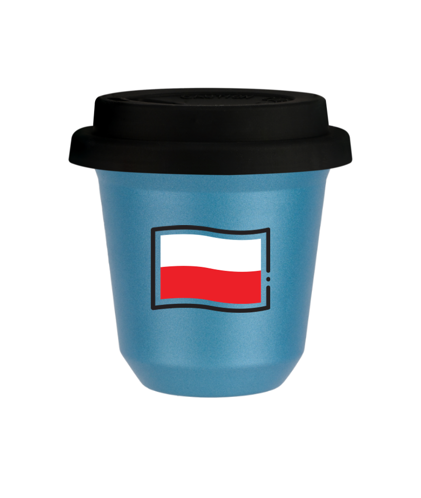 Tasse 150 ml BLEU CLAIR MÉTALLIQUE "Drapeau polonais", avec couvercle noir