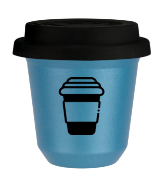 Tasse 150 ml BLEU CLAIR MÉTALLIQUE, avec couvercle noir Tasse 150 ml BLEU CLAIR MÉTALLIQUE, avec couvercle noir