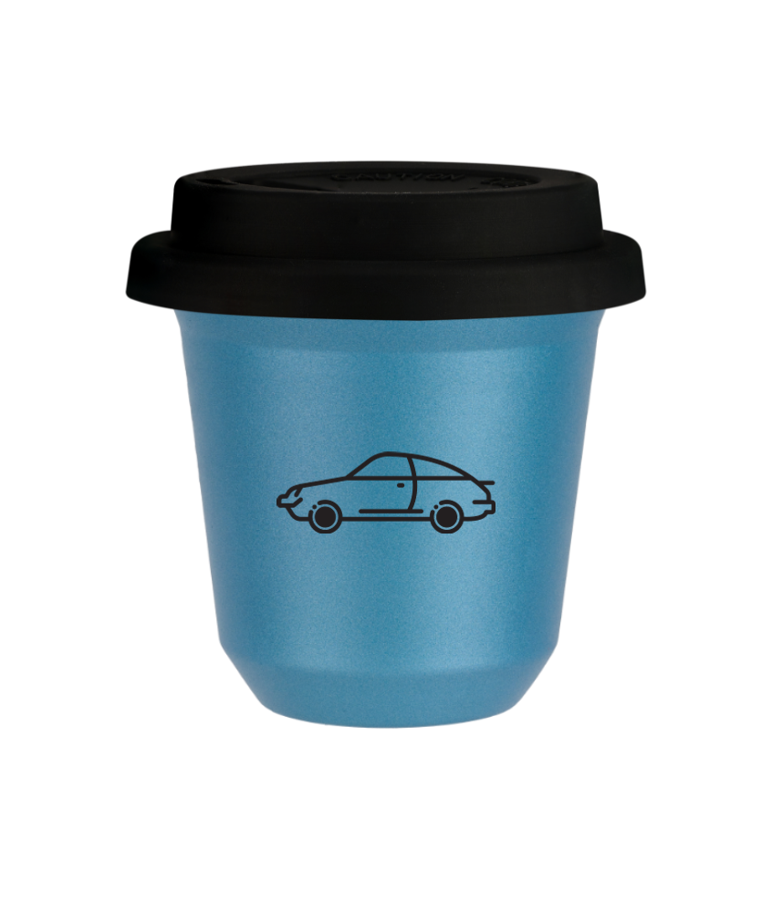 Tasse 150 ml BLEU CLAIR MÉTALLIQUE "Voiture", avec couvercle noir