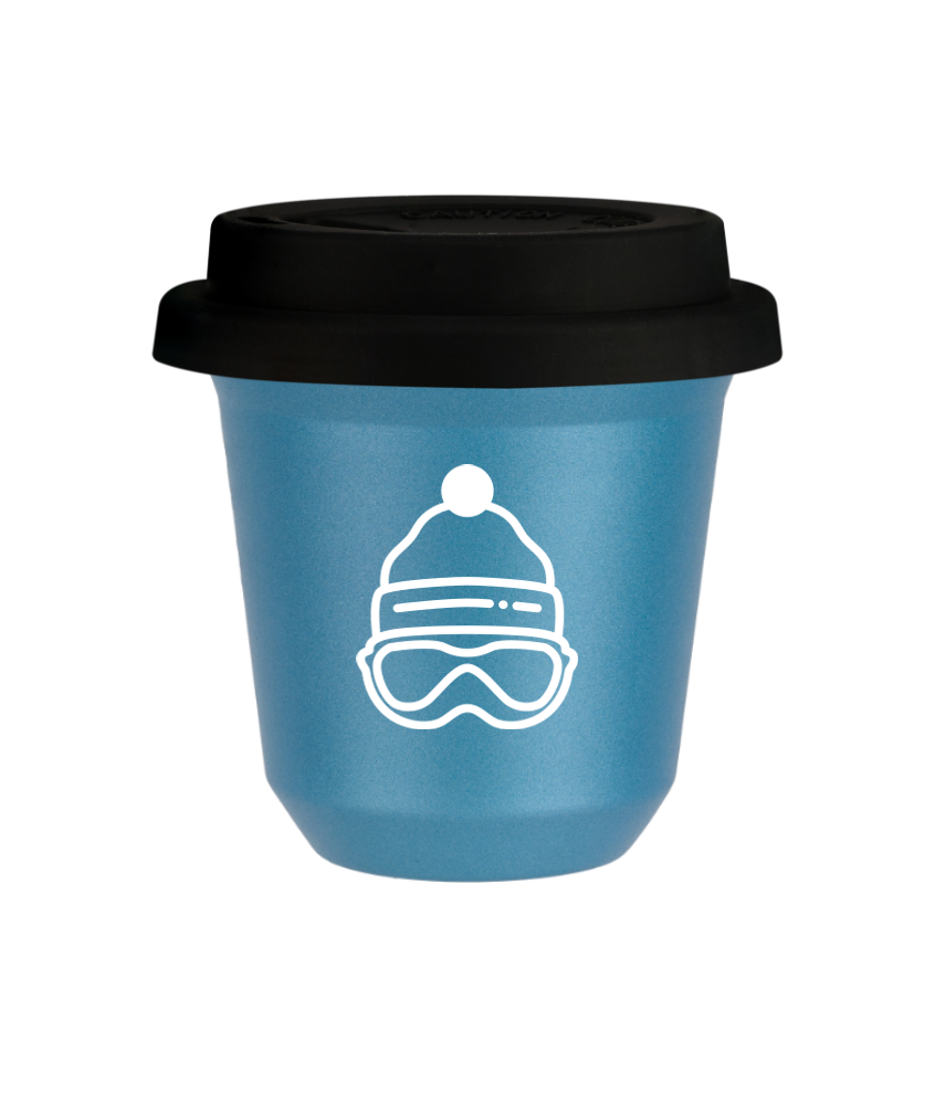 Tasse 150 ml BLEU CLAIR MÉTALLIQUE "Casquette (blanc)", avec couvercle noir