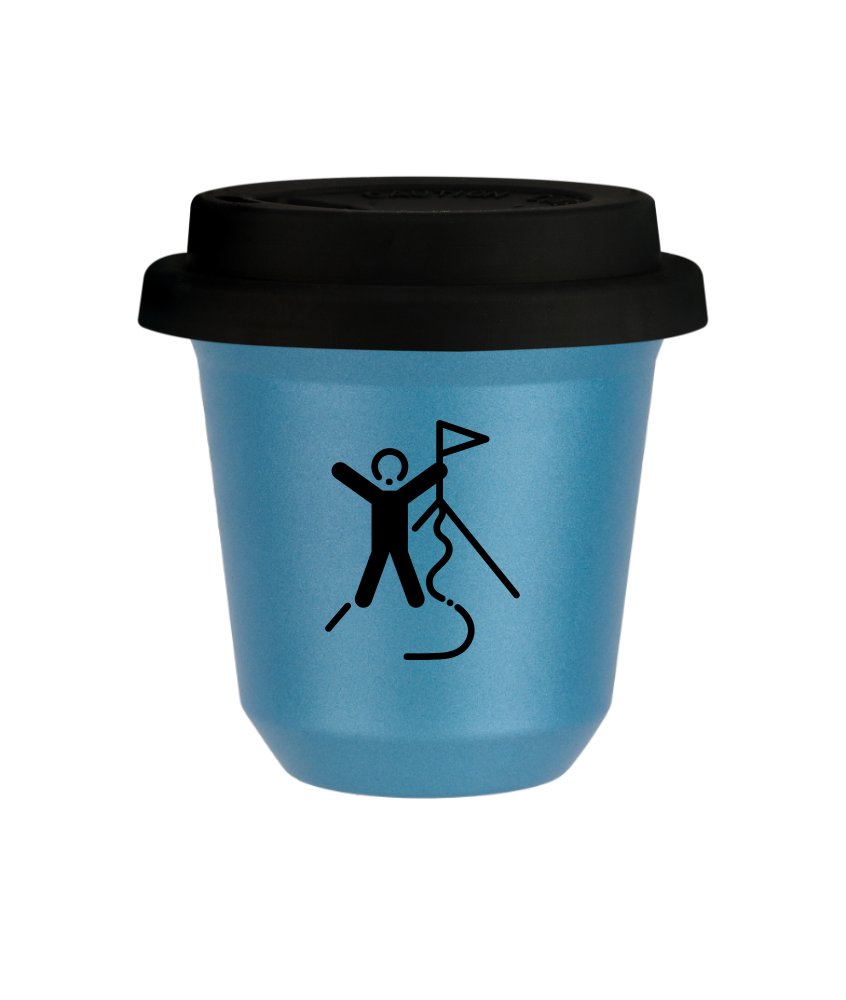 Tasse 150 ml BLEU CLAIR MÉTALLIQUE "Escalade 1 (noir)", avec couvercle noir