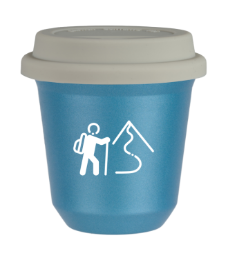 Tasse 150 ml BLEU CLAIR MÉTALLIQUE "Escalade 2 (blanc)", avec couvercle blanc Tasse 150 ml BLEU CLAIR MÉTALLIQUE "Escalade 2 (blanc)", avec couvercle blanc