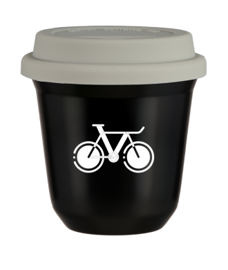 Tasse 80 ml NOIR "Vélo 1 (blanc)", avec couvercle blanc Tasse 80 ml NOIR "Vélo 1 (blanc)", avec couvercle blanc