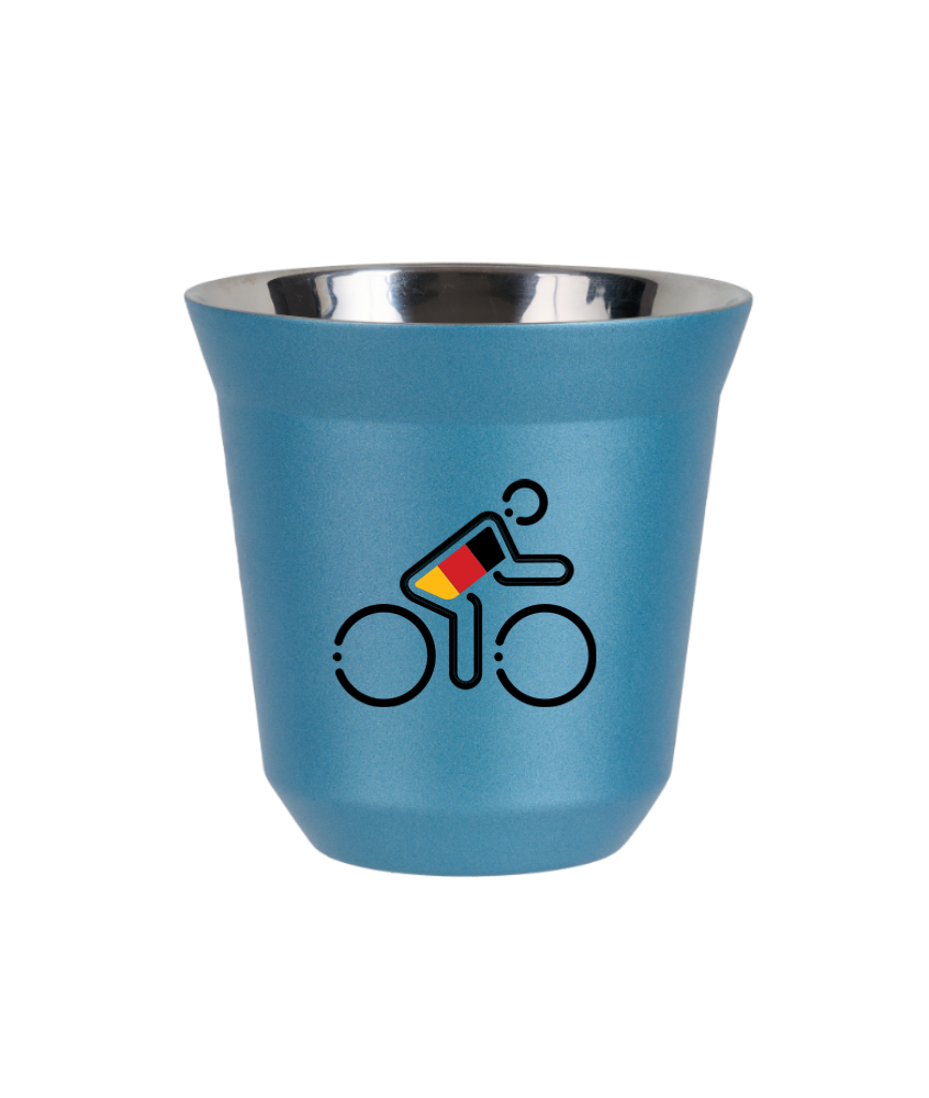 Tasse 150 ml BLEU CLAIR MÉTALLIQUE "Cycliste aux couleurs allemandes (noir)"