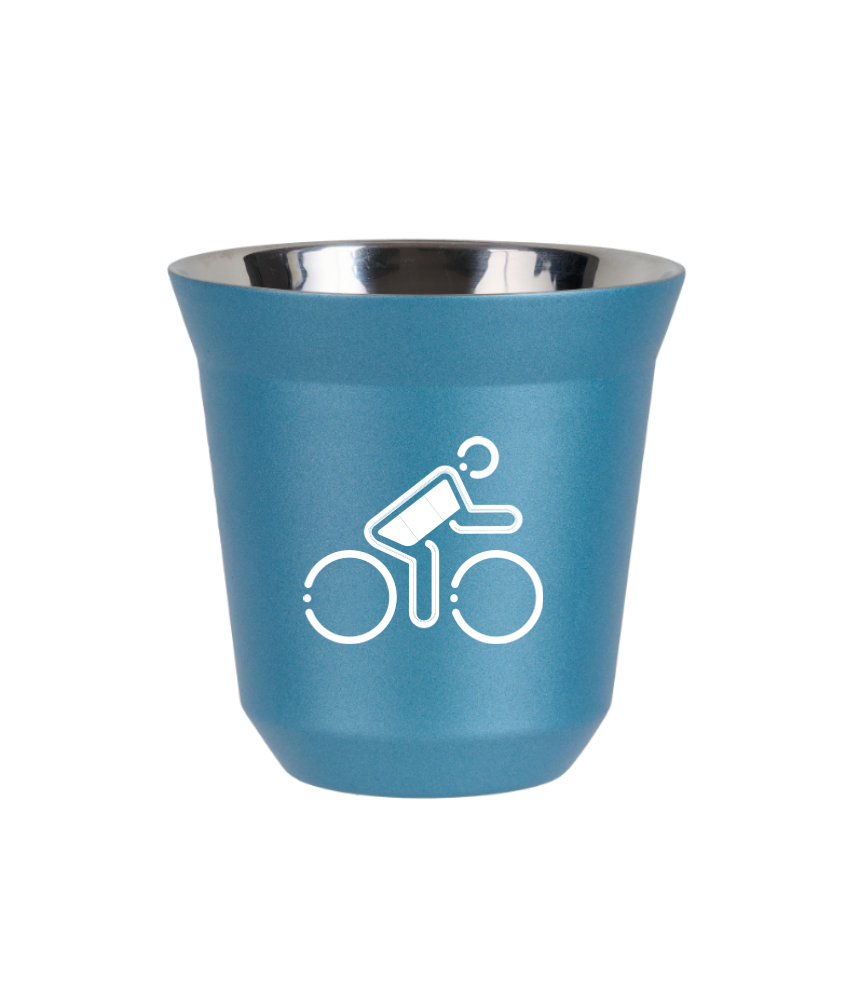 Tasse 150 ml BLEU CLAIR MÉTALLIQUE "Cycliste aux couleurs allemandes (blanc)"