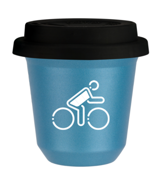 Tasse 150 ml BLEU CLAIR MÉTALLIQUE "Cycliste aux couleurs allemandes (blanc)", avec couvercle noir Tasse 150 ml BLEU CLAIR MÉTALLIQUE "Cycliste aux couleurs allemandes (blanc)", avec couvercle noir
