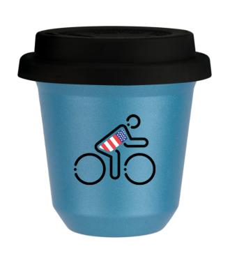 Tasse 150 ml BLEU CLAIR MÉTALLIQUE "Cycliste aux couleurs britanniques", avec couvercle noir Tasse 150 ml BLEU CLAIR MÉTALLIQUE "Cycliste aux couleurs britanniques", avec couvercle noir
