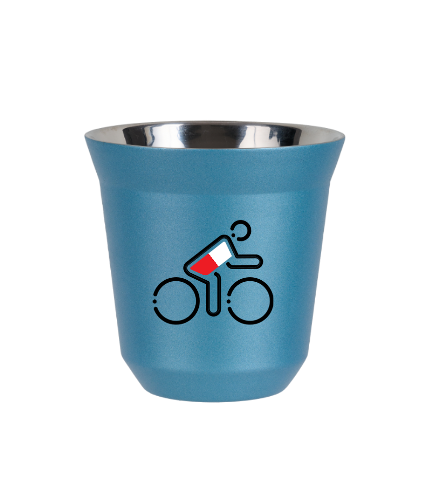 Tasse 150 ml BLEU CLAIR MÉTALLIQUE "Cycliste aux couleurs polonaises"