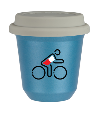 Tasse 150 ml BLEU CLAIR MÉTALLIQUE "Cycliste aux couleurs polonaises (noir)", avec couvercle blanc Tasse 150 ml BLEU CLAIR MÉTALLIQUE "Cycliste aux couleurs polonaises (noir)", avec couvercle blanc