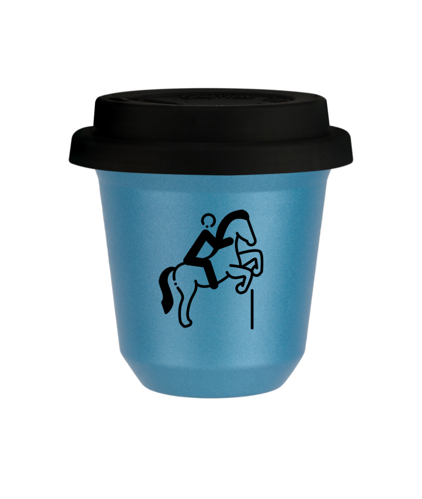 Tasse 150 ml BLEU CLAIR MÉTALLIQUE "Équitation 1 (noir)", avec couvercle noir